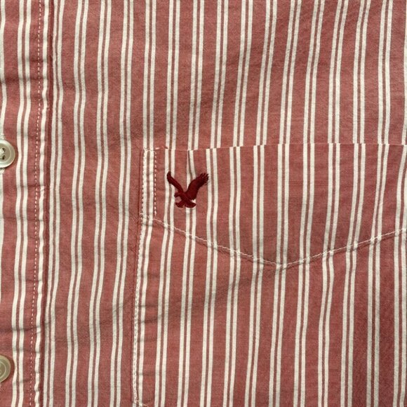 American Eagle Button Shirt Men Small Red Striped Button Down Long Sleeve Preppy - Picture 5 of 10